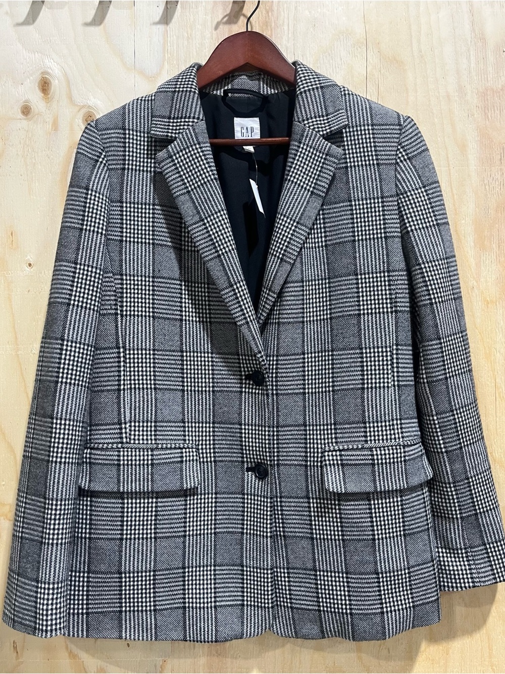 GAP Black and White Glen Plaid Single-Breasted Blazer